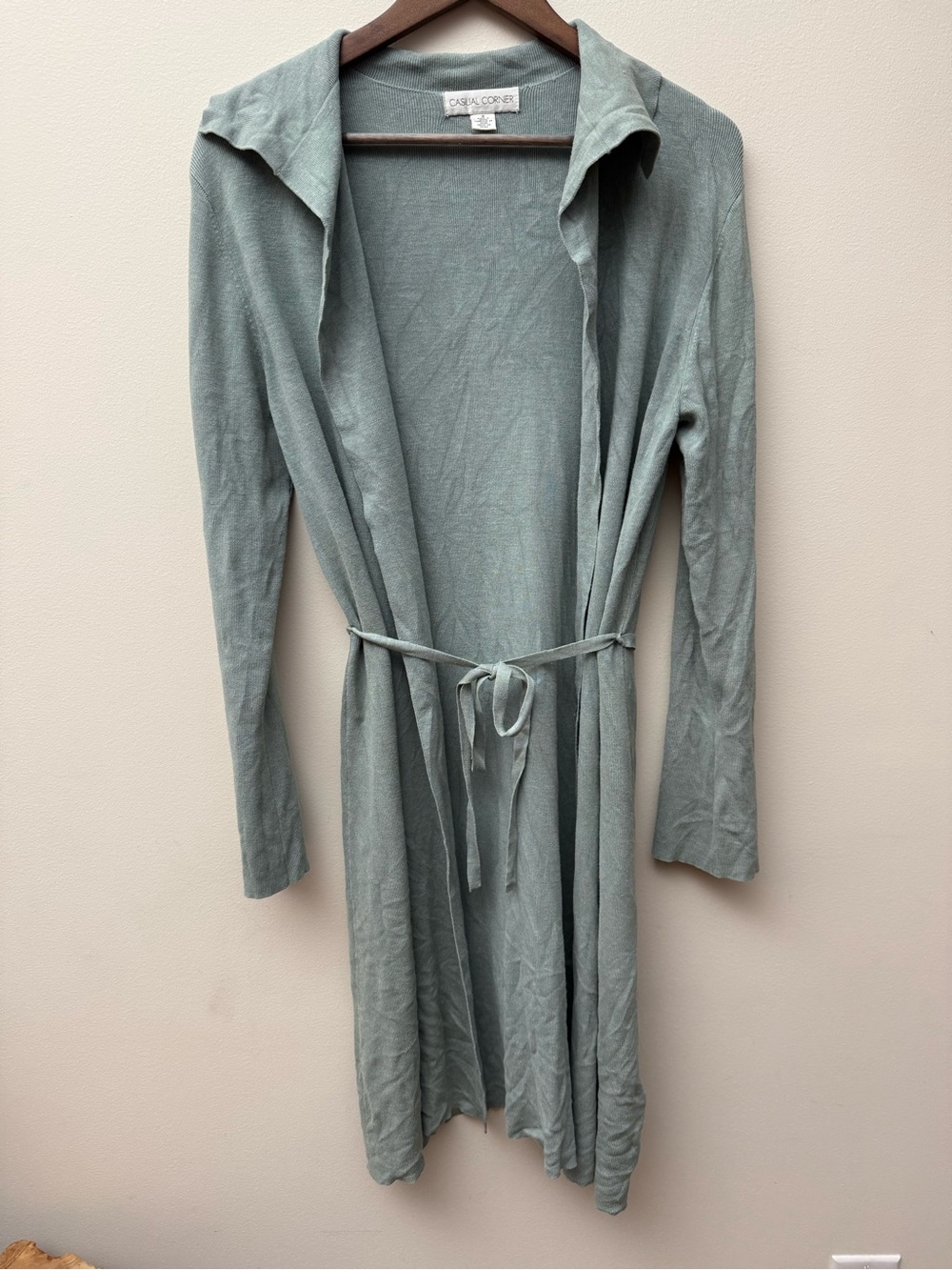 Casual Corner Sage Green Lightweight Tie-Waist Silk-Blend Cardigan